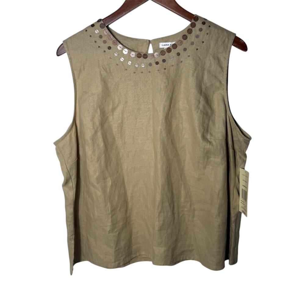 NWT Deadstock Vtg Laura Ashley 100% Linen Embellished Neck Top L Granola Khaki